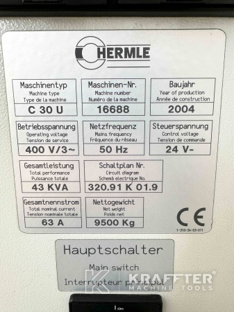 Plaque signalétique d'un Centre d'usinage vertical Hermle C 30 U dynamic (86)- Kraffter