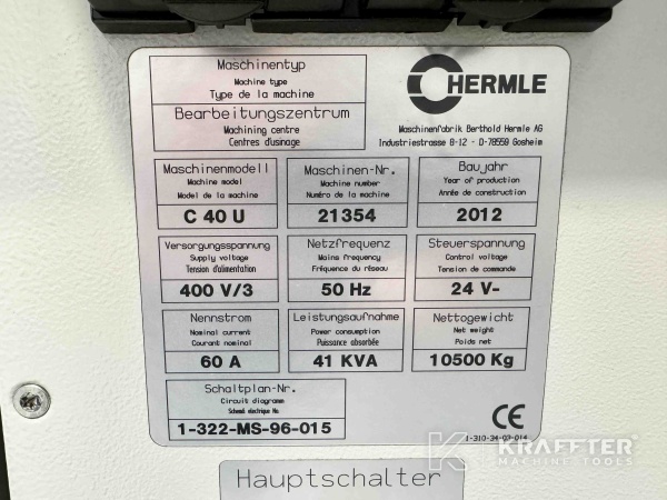 Plaque signalétique d'un Centre d'usinage universel Hermle C40U dynamic (93)- Kraffter